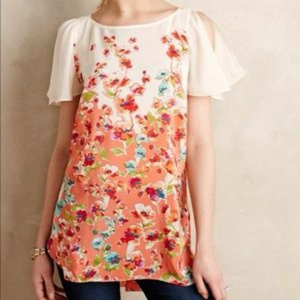 Maeve Anthropologie Ludovica Silk Floral Tunic Women's Medium Coral Split Sleeve